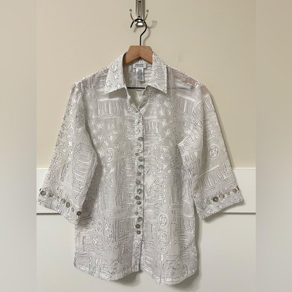 Graff by um Company Black & White Graphic Print Linen Blend Blouse Size PXS - Picture 3 of 8